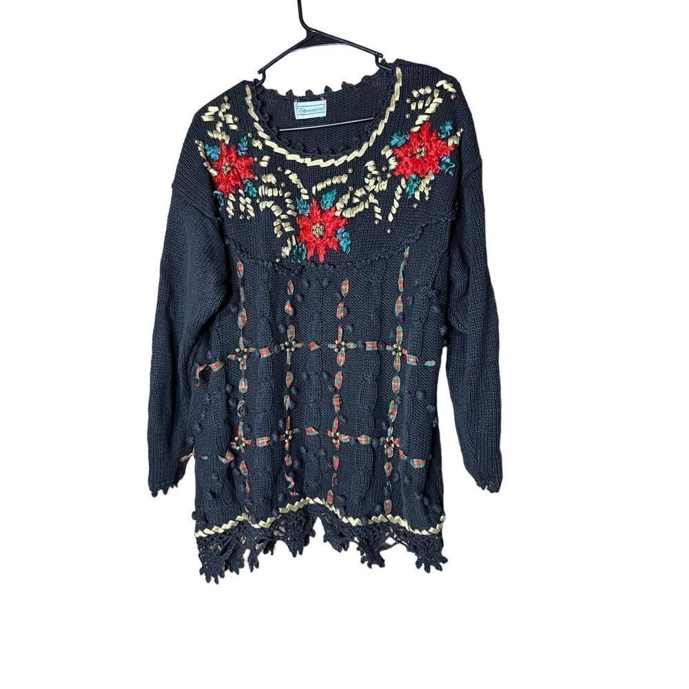 Vintage Shenanigans Women’s Large Christmas Poinsettia Crochet Sweater